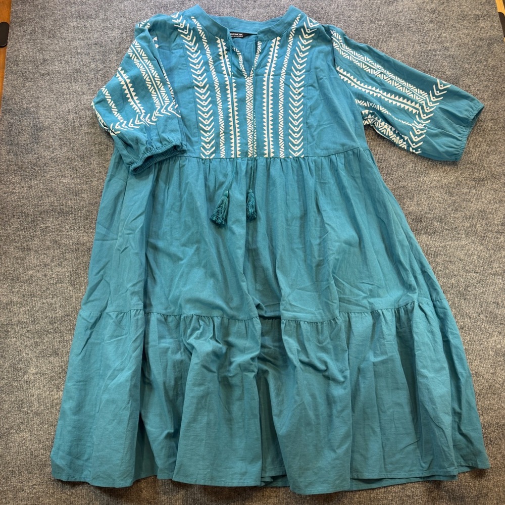 Bloomchic Teal Cotton Embroidered Boho Babydoll Tiered Dress Plus Size 18-20 - Picture 1 of 10